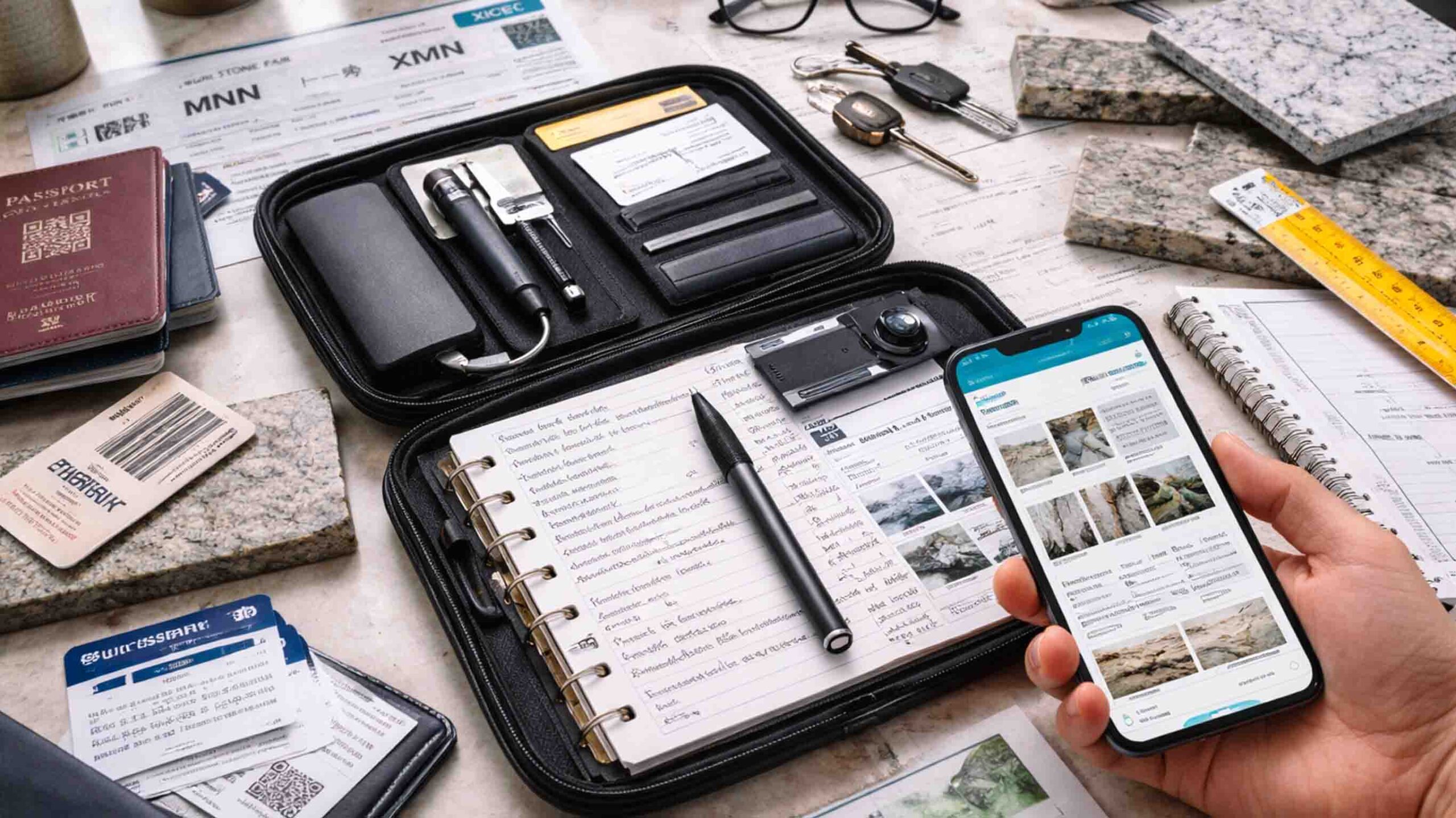 Buyer kit for Xiamen Stone Fair 2026 with documents tools power bank checklist notes and stone samples