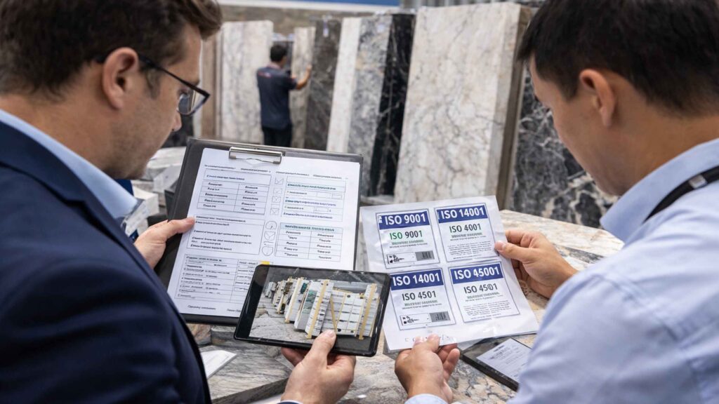 Buyer networking at Xiamen Stone Fair 2026 verifying real factories by reviewing production photos and business cards