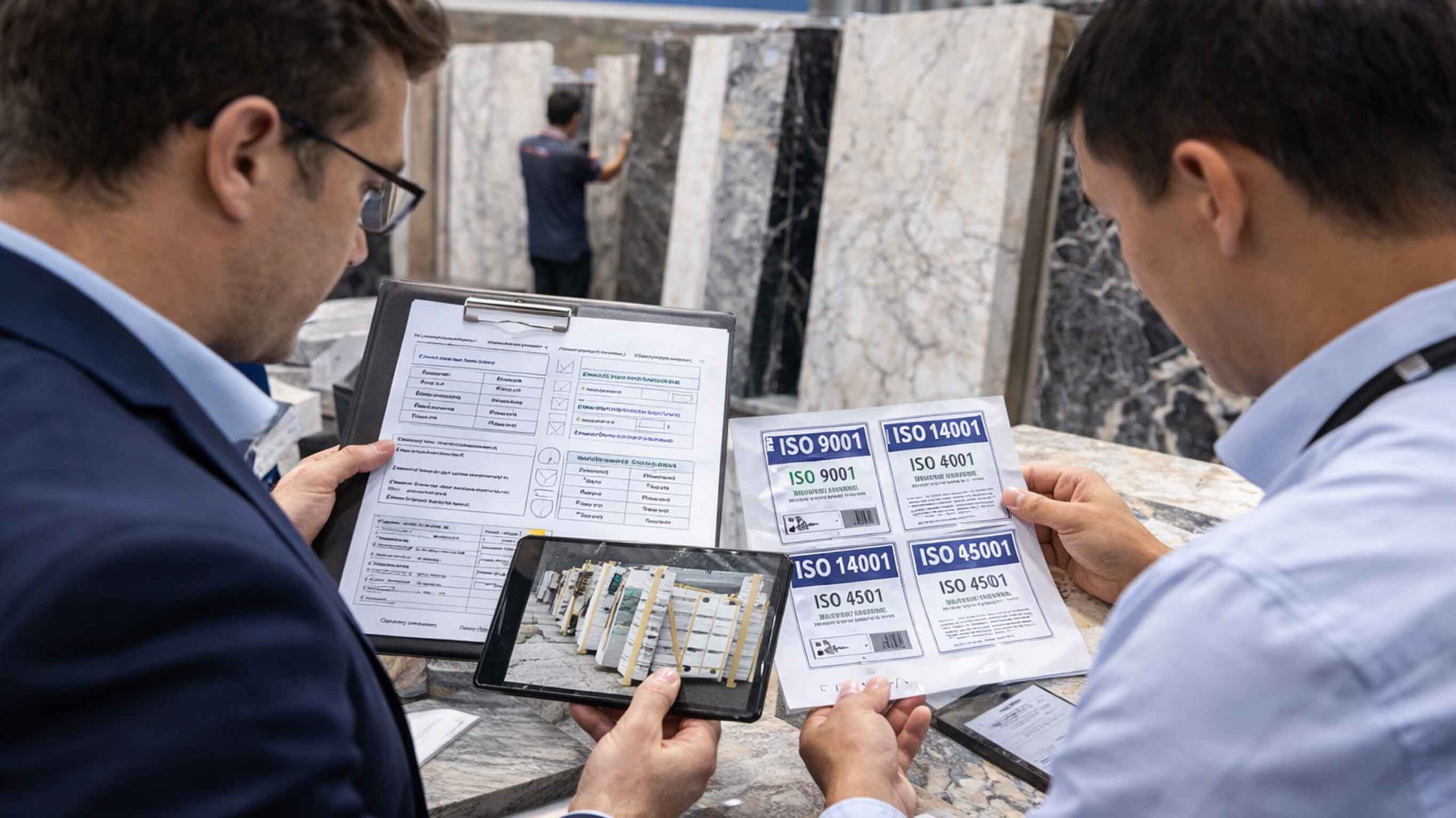 Buyer networking at Xiamen Stone Fair 2026 verifying real factories by reviewing production photos and business cards