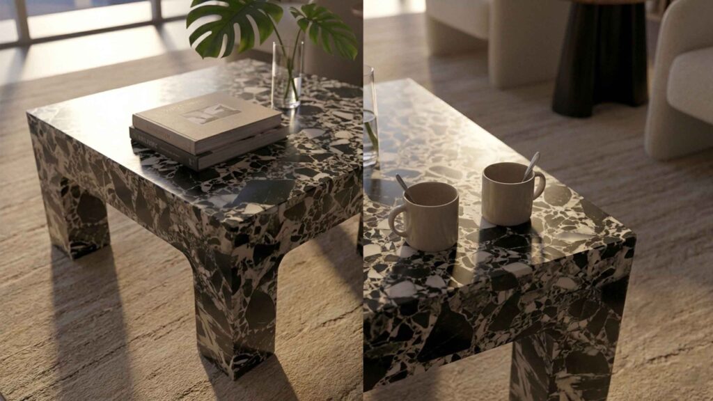 Black natural marble coffee table in Napoleon Black emphasizing classic proportions.