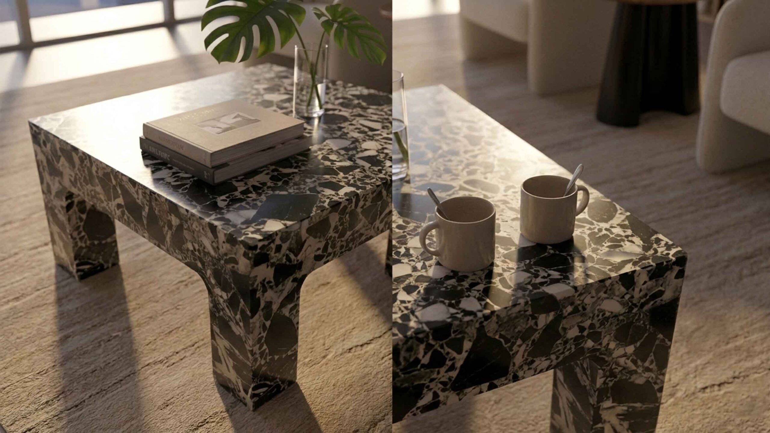 Black natural marble coffee table in Napoleon Black emphasizing classic proportions.