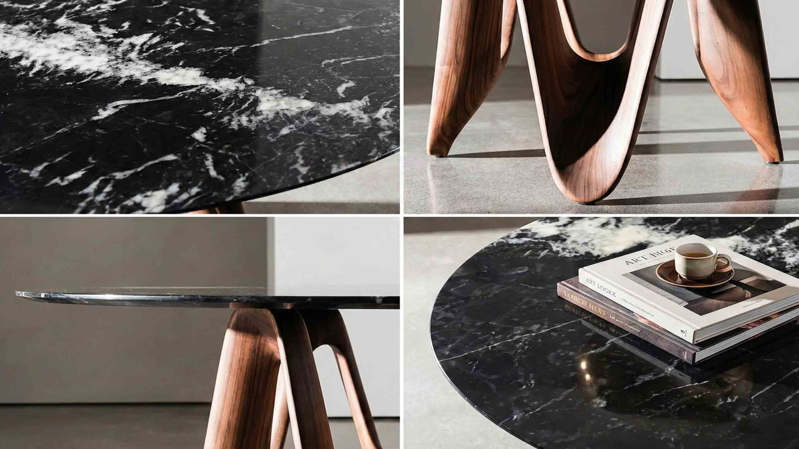 Square Nero Marquina marble coffee table in contemporary American interior design.