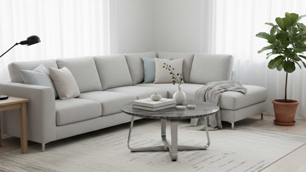 Stone coffee table in Silver Wave marble with gentle flowing pattern detail.