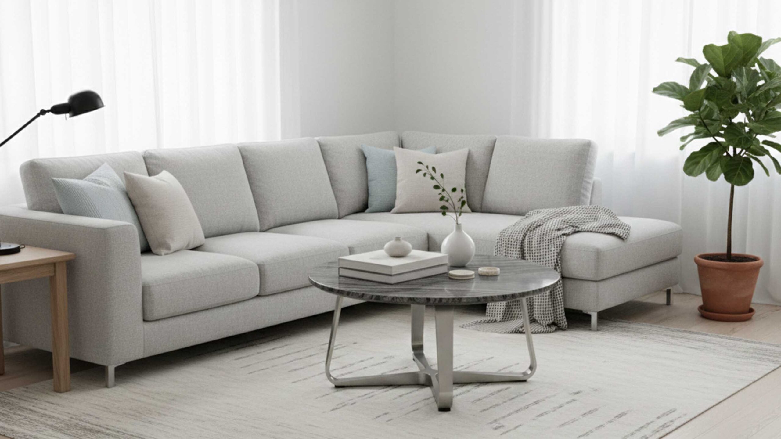 Stone coffee table in Silver Wave marble with gentle flowing pattern detail.