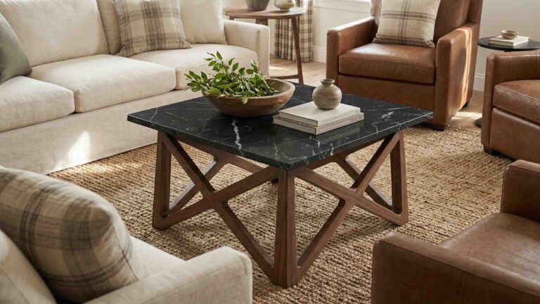 Blog 64 Polished Toros Black stone coffee table surface reflecting natural daylight.