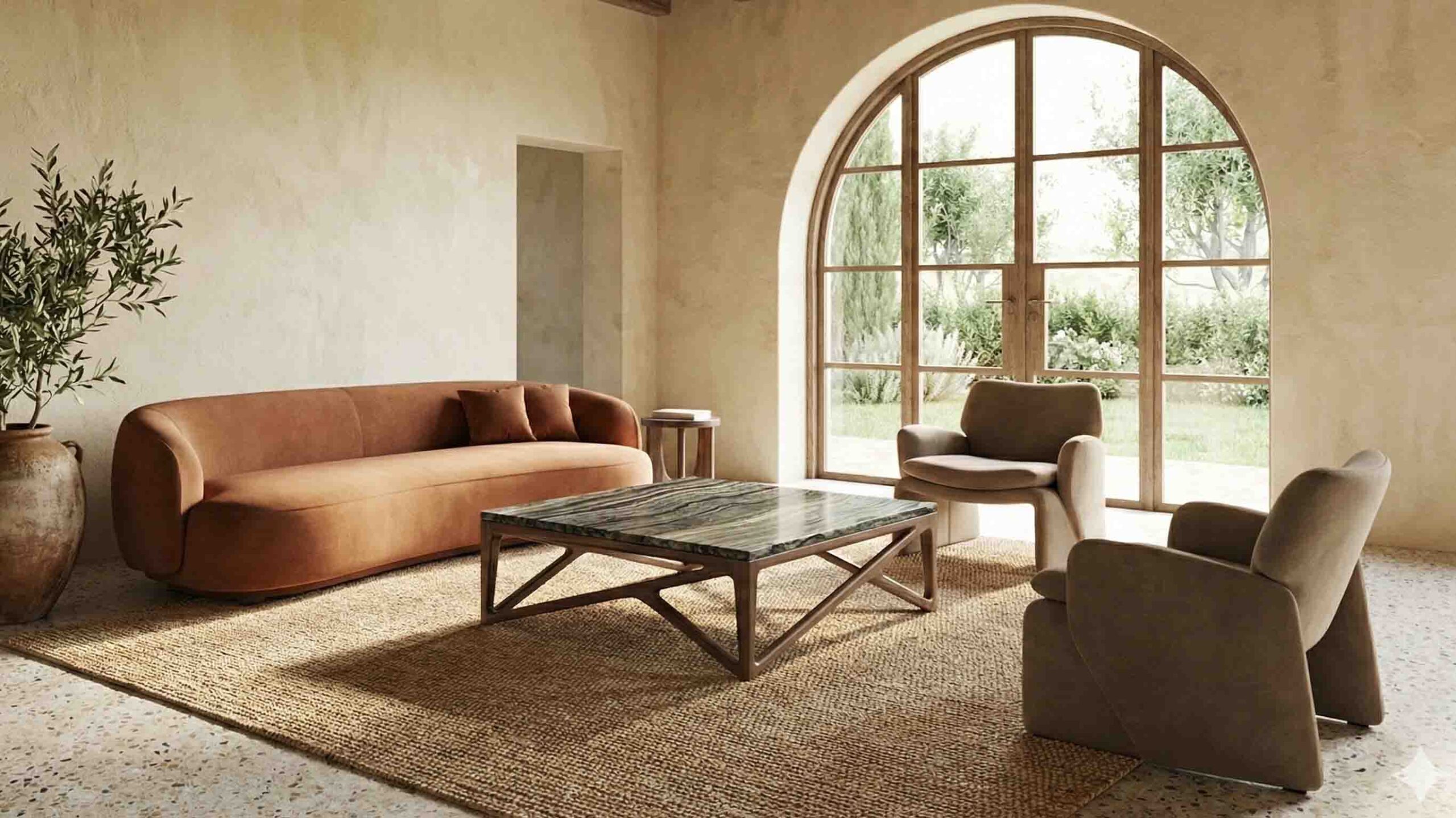 Square marble coffee table with walnut wood base in contemporary interior design setting.