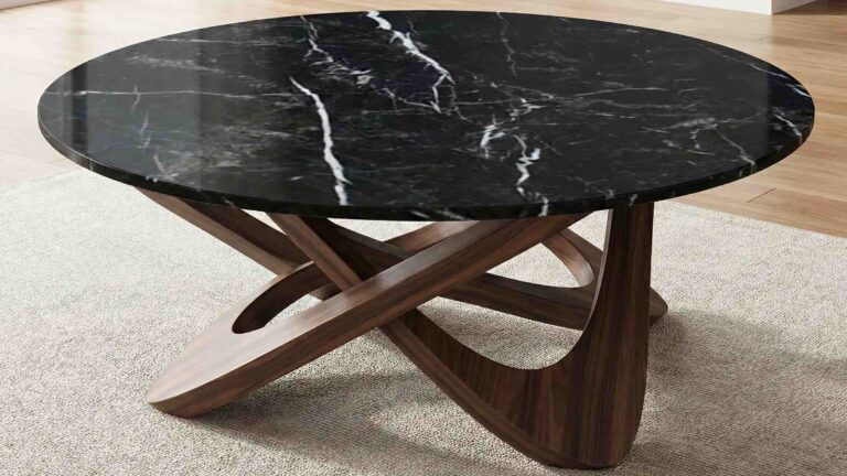 Blog 65 Polished Nero Marquina marble coffee table top showing high-contrast black and white pattern.