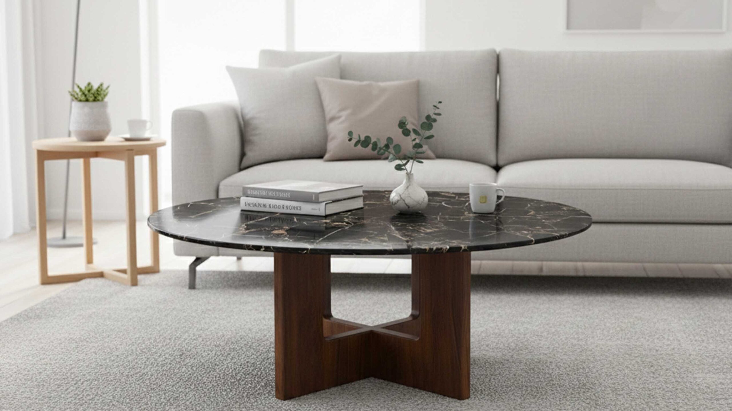 Edge detail of Portoro marble coffee table top with smooth polished finish and refined craftsmanship