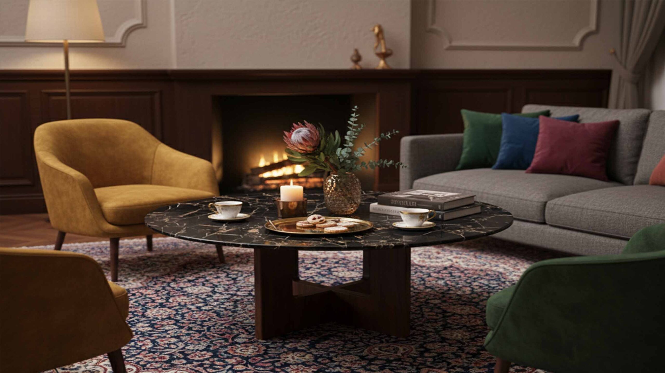 Portoro marble coffee table top reflecting natural daylight highlighting gold veins