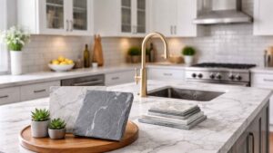Quartz surface kitchen island with white and dark gray veined countertops, stainless steel appliances, and bright lighting.