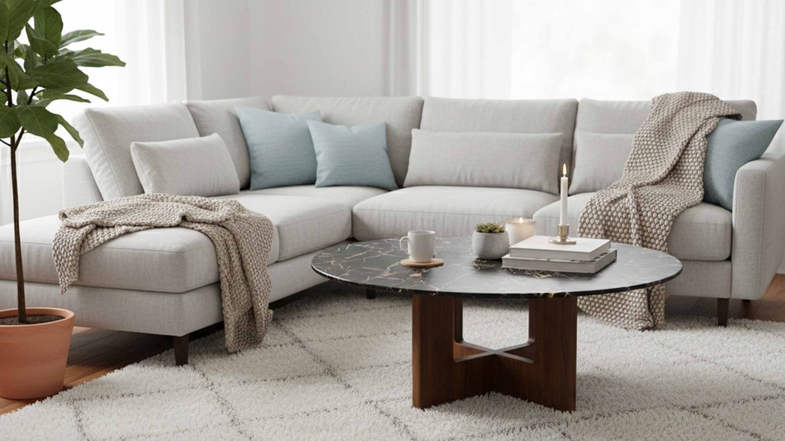 Round Portoro marble coffee table top with black and gold pattern in modern interior setting