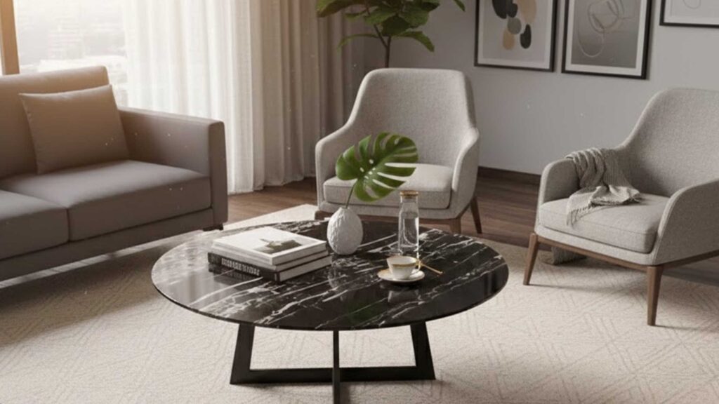 Silver Dragon black marble coffee table styled in a contemporary European living room.