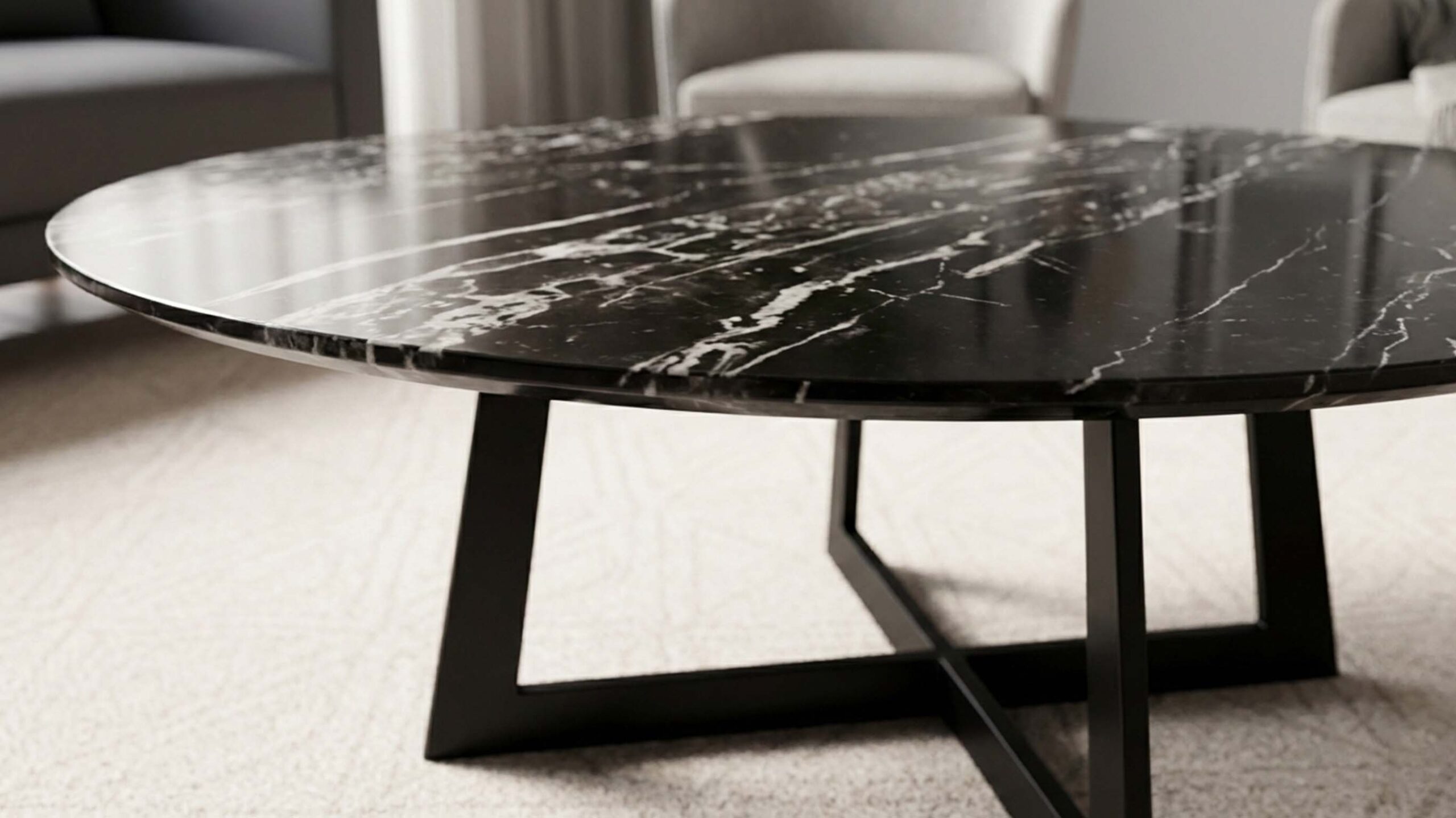 Silver Dragon Black Marble Coffee Table Tops: Dramatic Movement for Contemporary European & American Interiors 2 Close-up of flowing white veining on a Silver Dragon marble coffee table top.