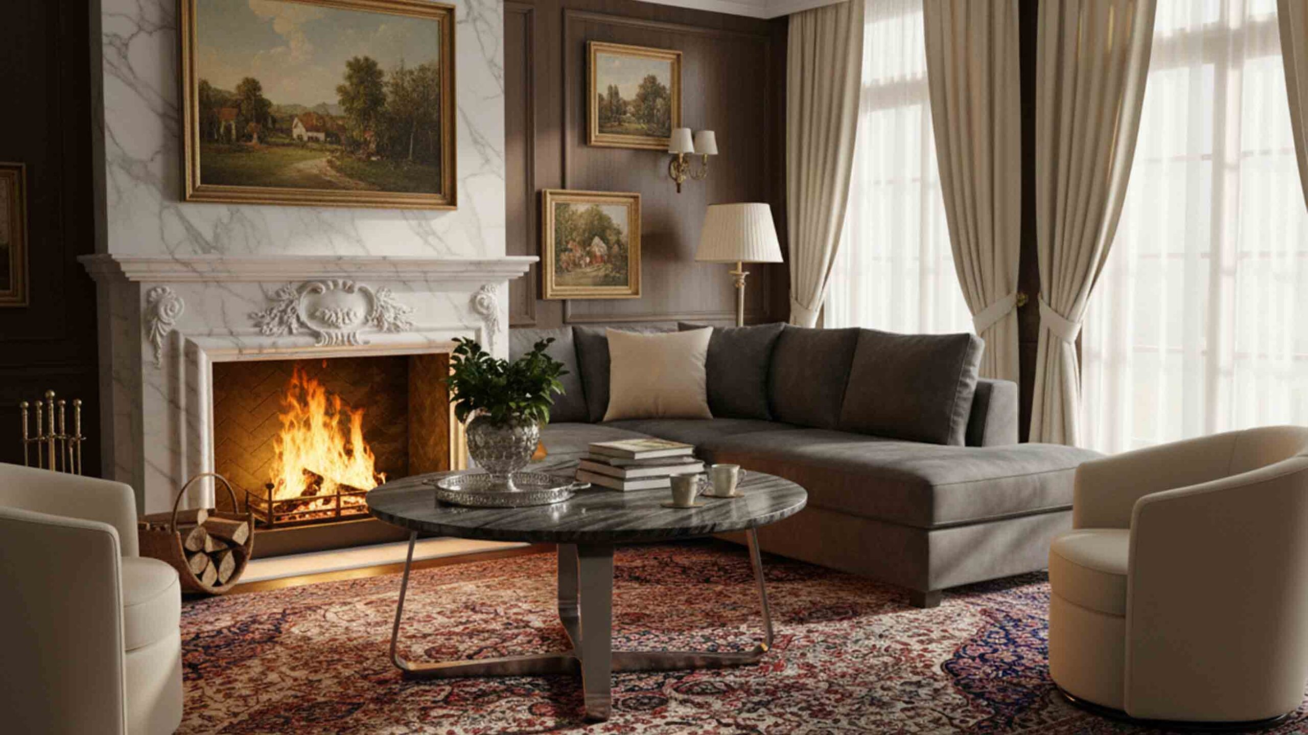 Silver Wave black marble coffee table featuring soft flowing grey-white veining.