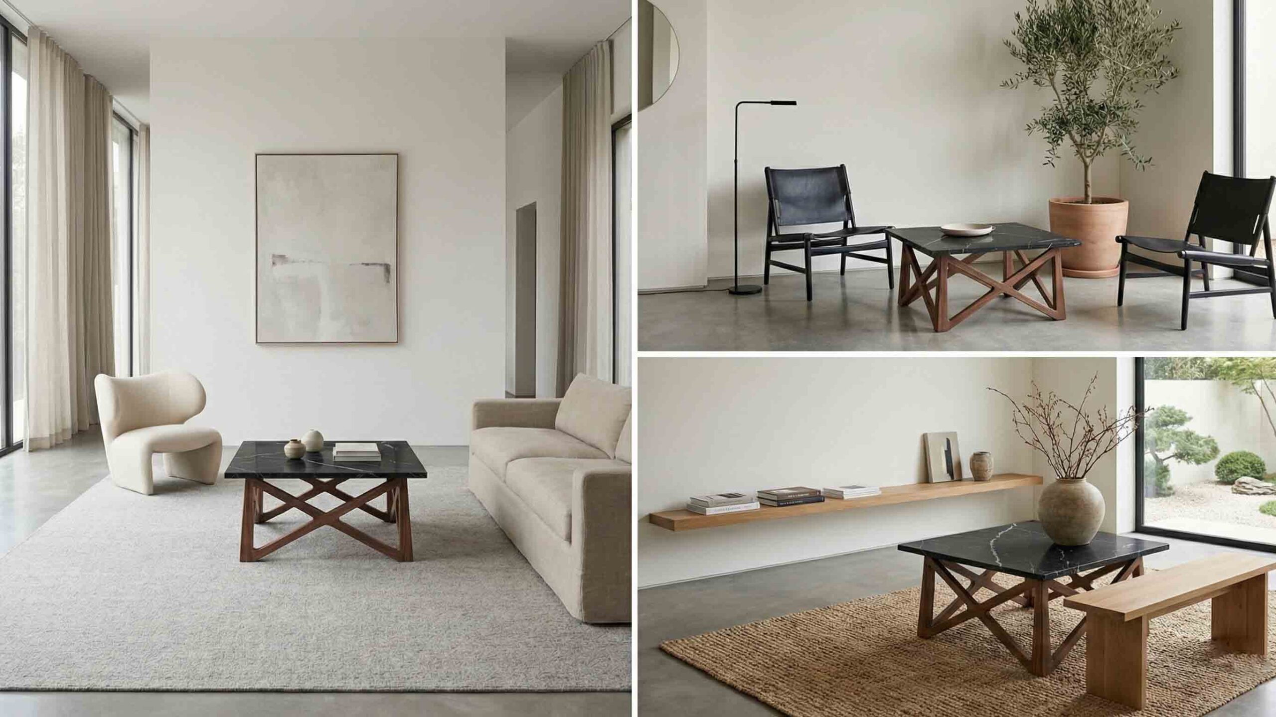 Black marble square coffee table with precision-cut edge detailing.