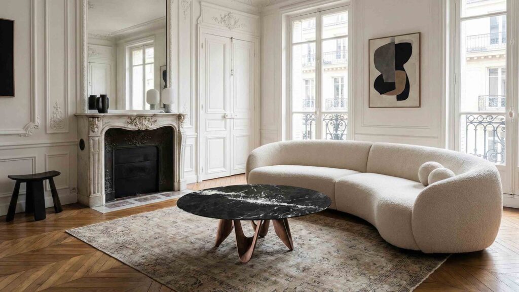 Nero Marquina black marble coffee table top styled in a modern European living room.