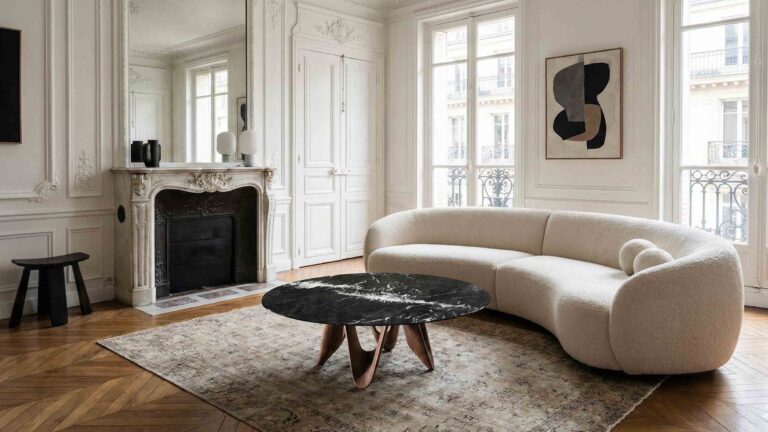 Blog 61 Nero Marquina black marble coffee table top styled in a modern European living room.