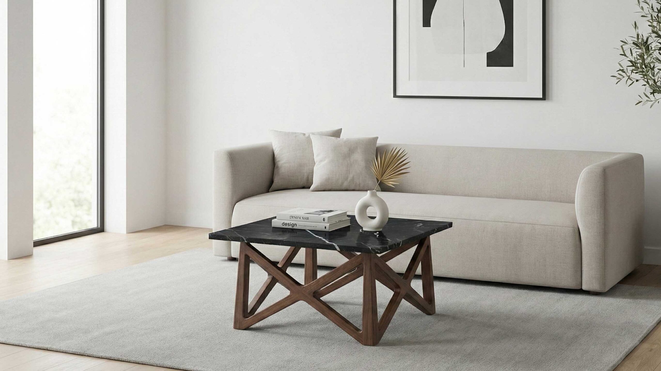 Close-up of Toros Black marble veining on a square coffee table top showing graphic precision.