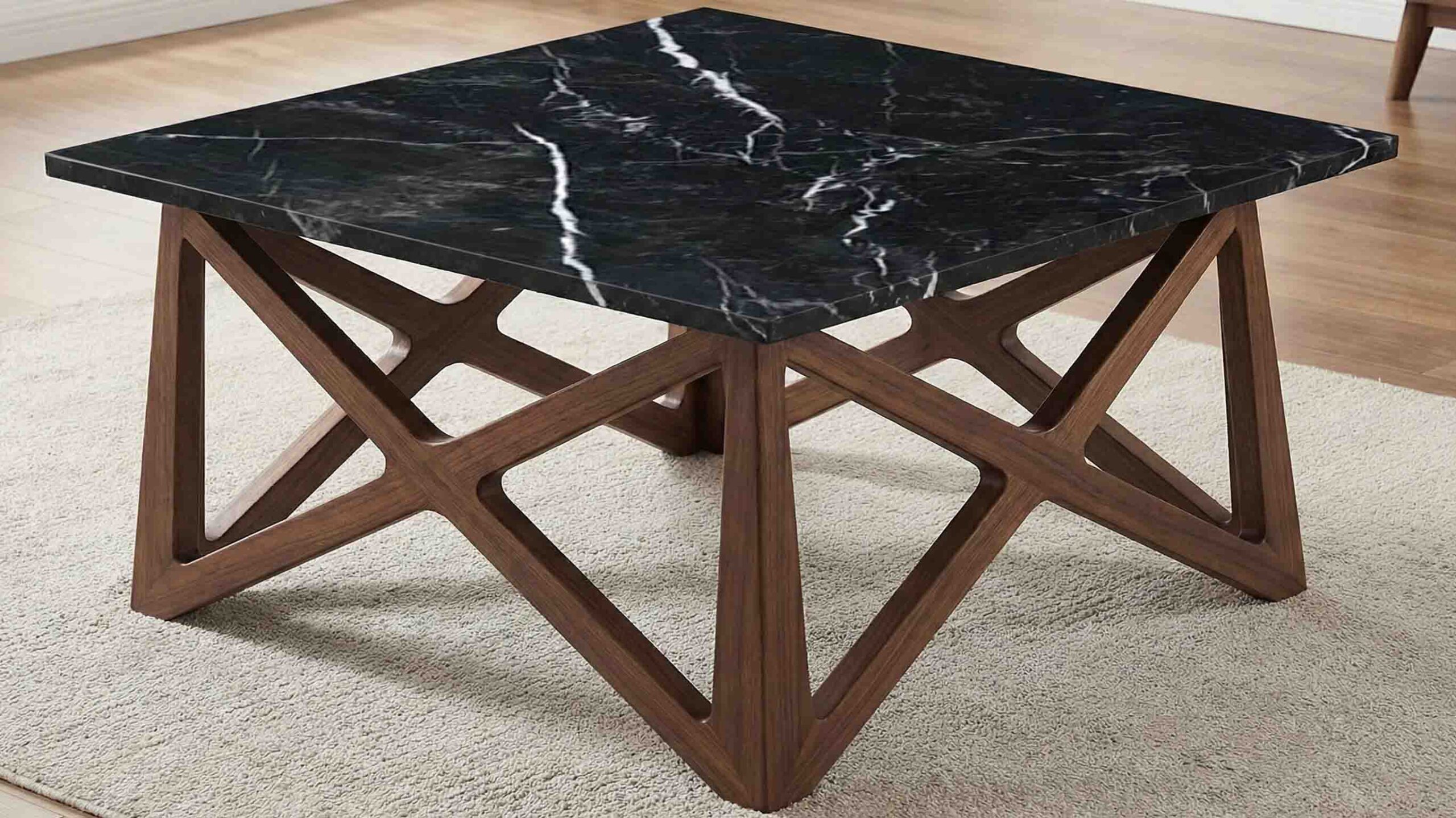 Toros Black marble square coffee table top styled in a modern European living room.