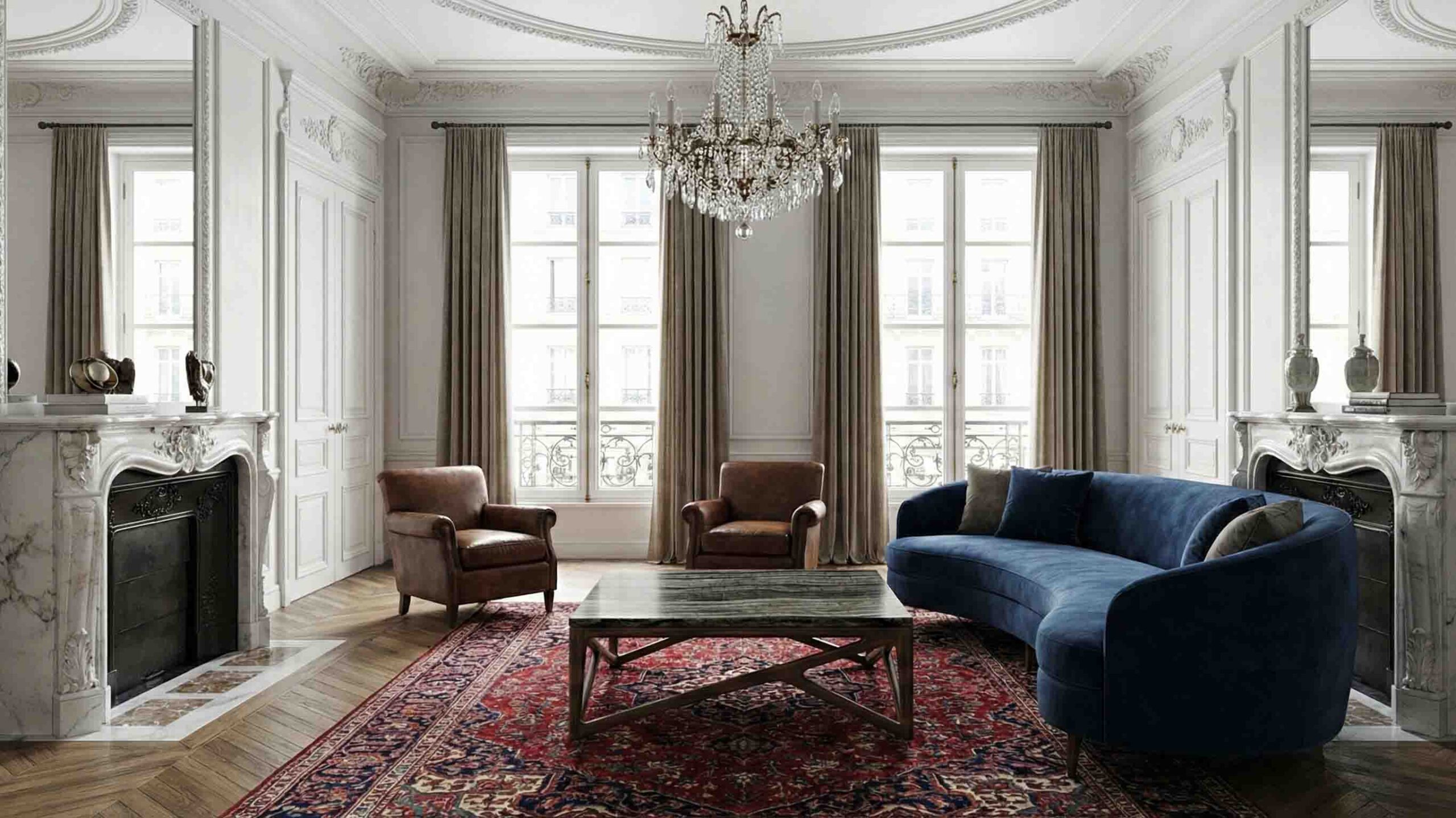 Black wood and marble square coffee table styled in a modern European living room with neutral tones.
