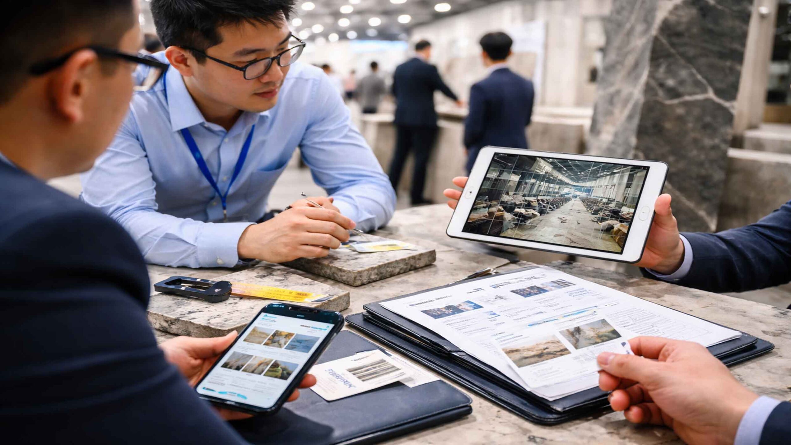 Wholesale buyer verifying stone manufacturer factory proof at Xiamen Stone Fair 2026 using documents and samples