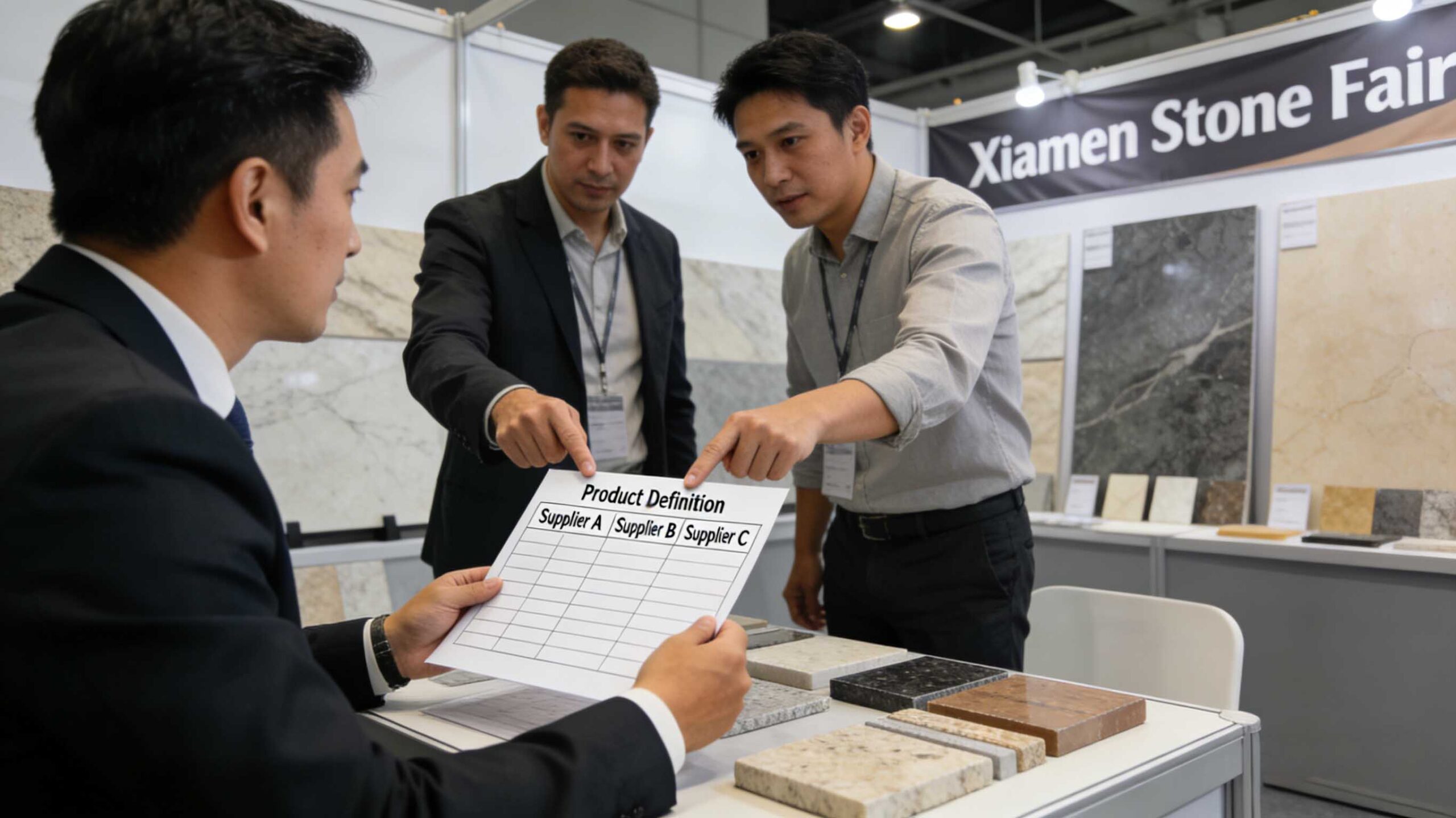 Buyers reviewing factory and trader quotations side by side to compare scope and responsibilities at a stone trade fair