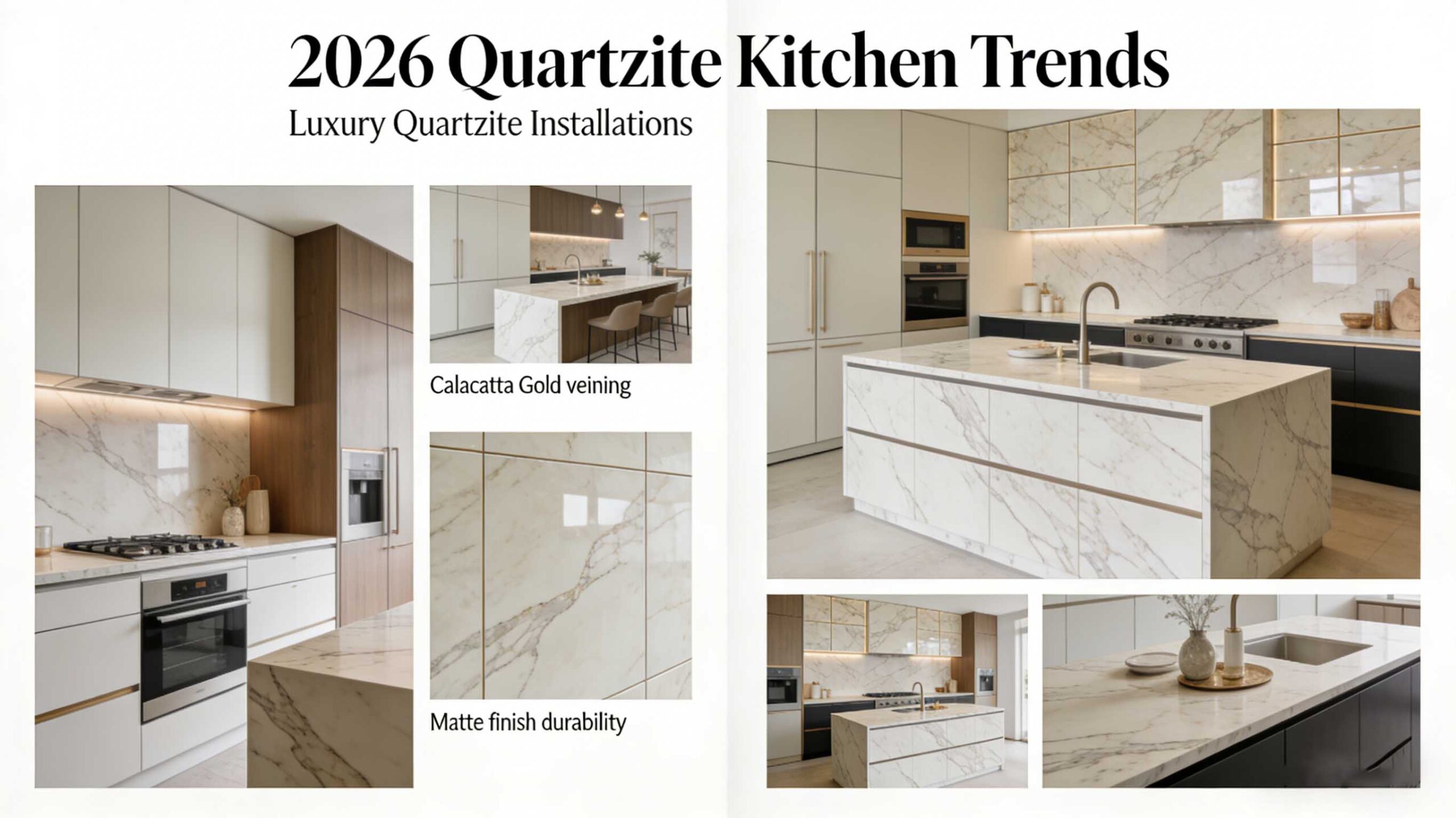 Premium quartzite kitchen countertops and large island surface in a luxury home, designed for both visual impact and everyday use.