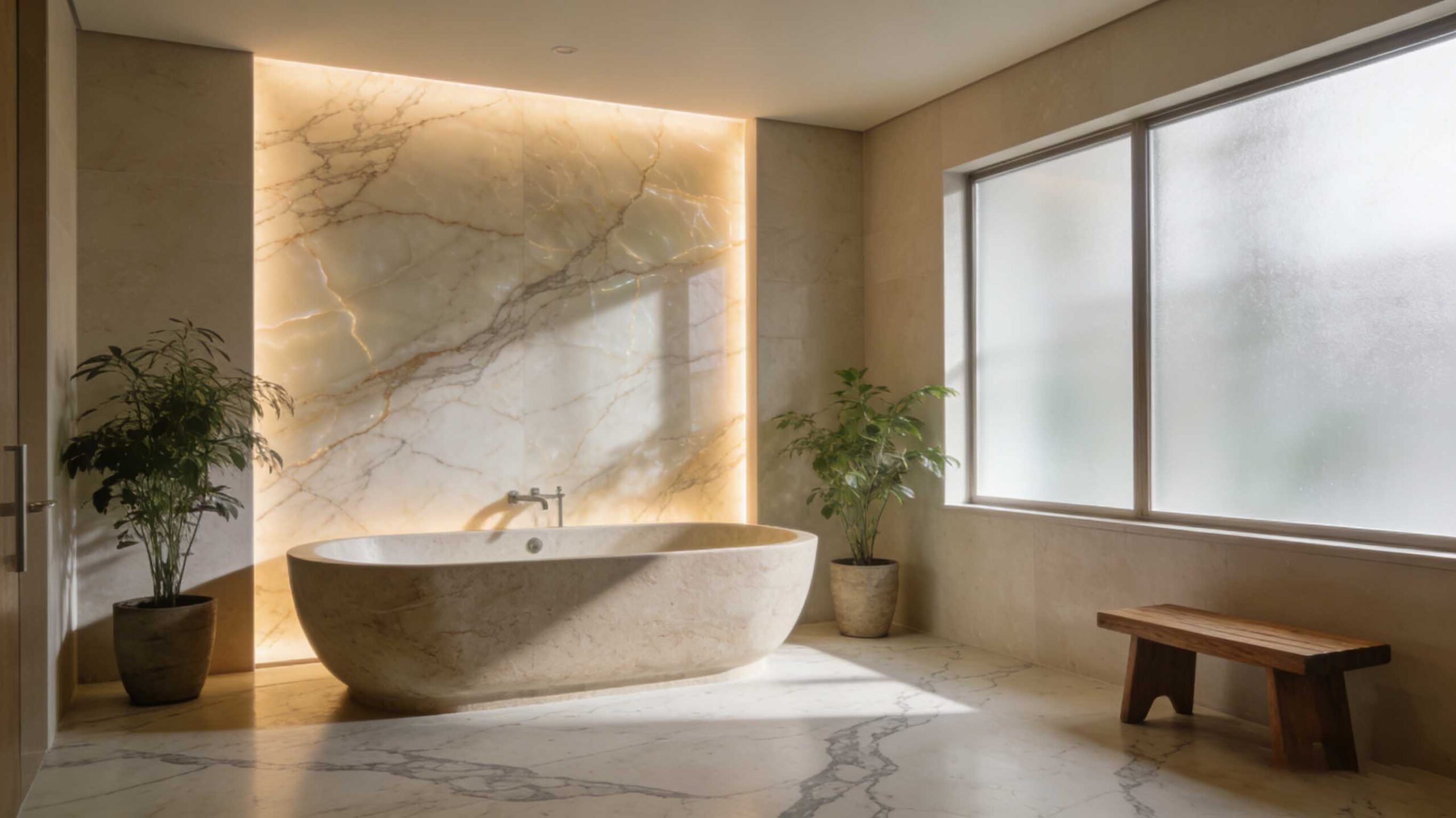 Calacatta Gold style marble bathroom interior with dramatic veining, refined vanity surfaces, and a luxury hotel-inspired atmosphere.