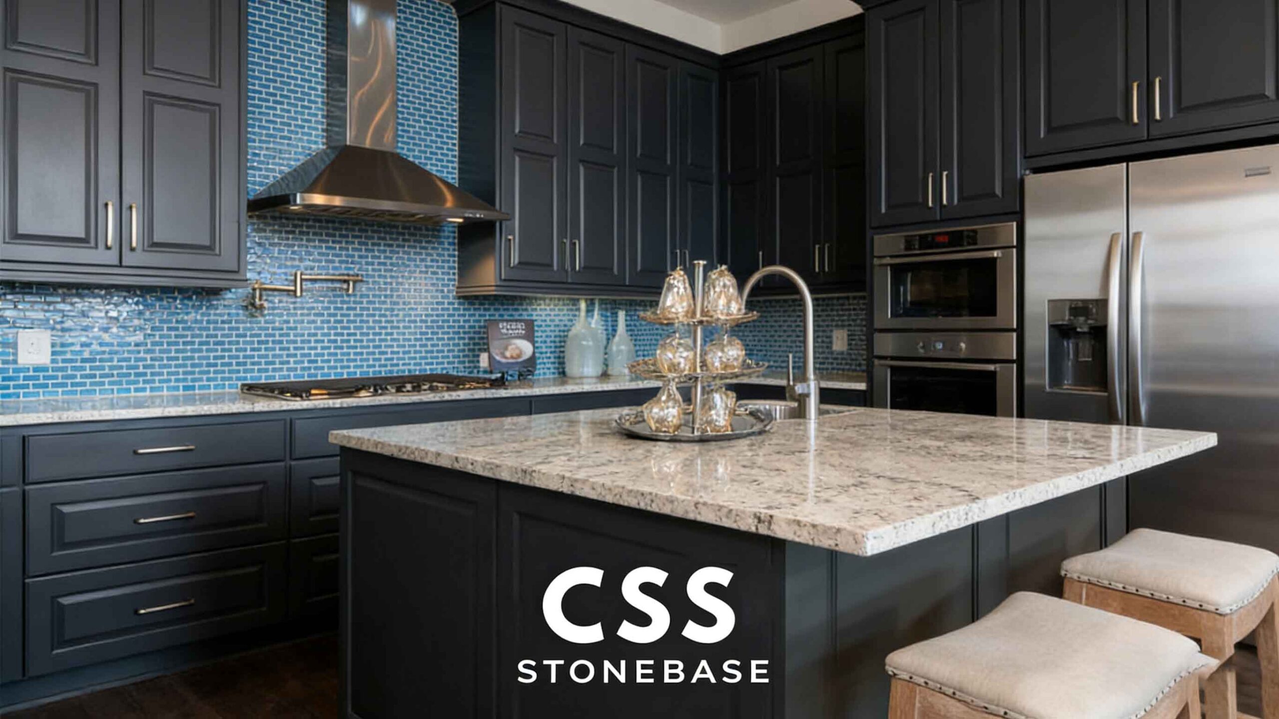 Durable granite countertops in indoor and outdoor kitchen settings with large island surfaces, bar seating, and luxury residential styling.