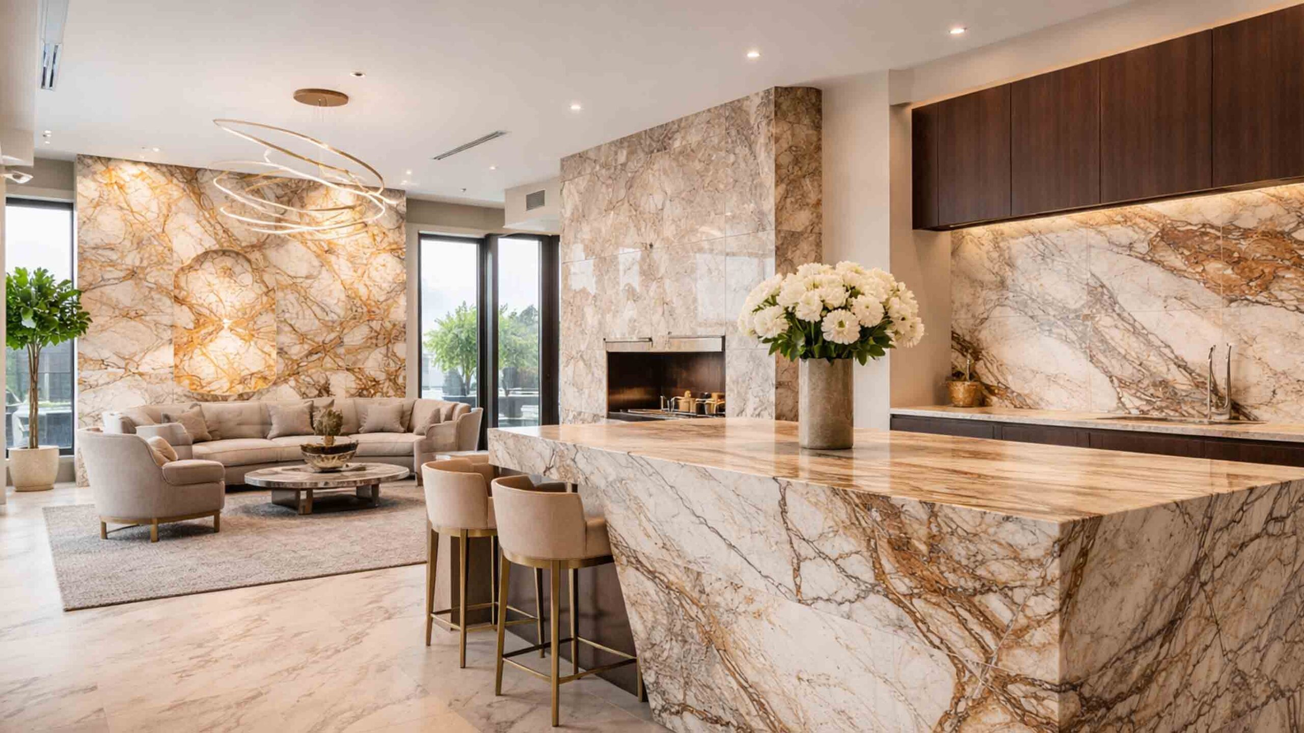 Modern luxury home interior featuring large-format natural stone slabs, seamless stone surfaces, and a high-end kitchen and lounge layout.