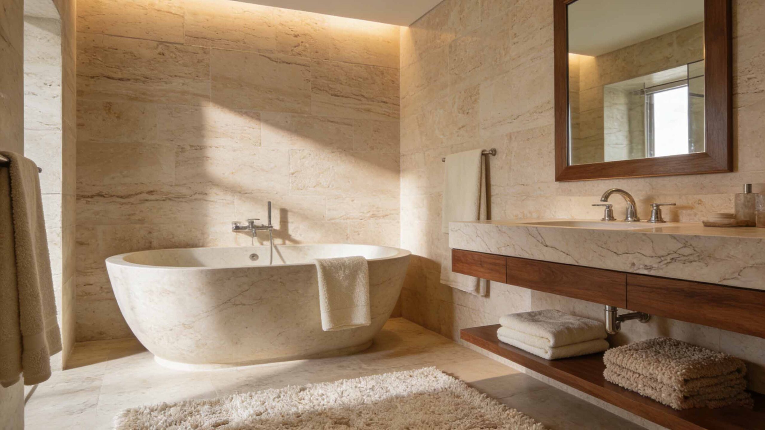 Luxury natural stone interior project featuring large slab surfaces, a statement kitchen island, and full-height stone applications for high-end residential and hospitality spaces.