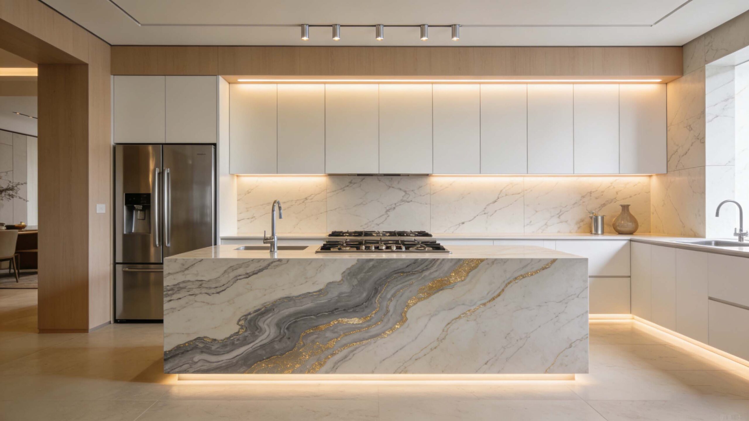 Luxury modern kitchen with quartzite countertops, waterfall island edges, dark cabinetry, and elegant lighting for a premium residential setting.