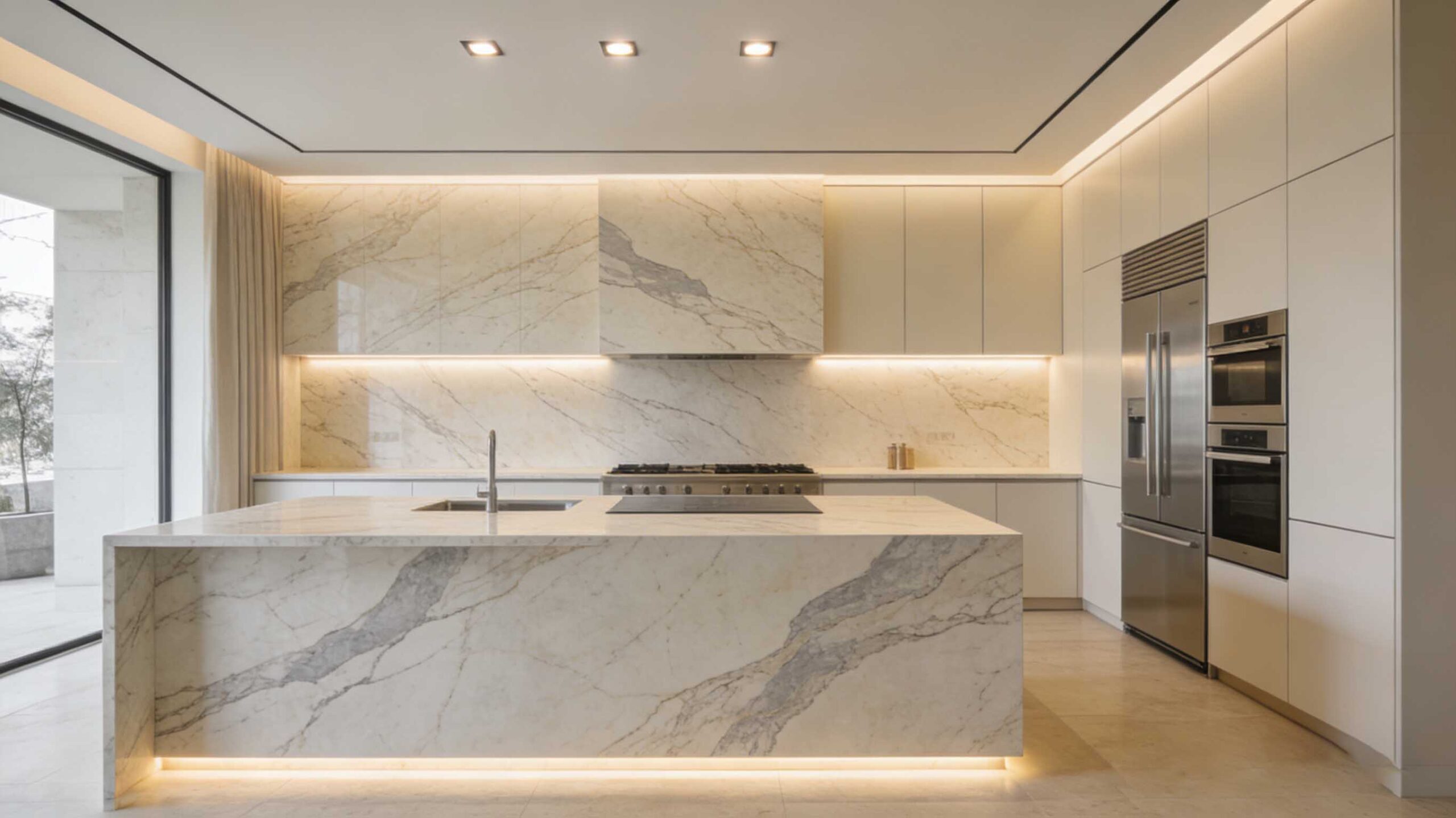 Natural stone backsplash and waterfall island in a luxury interior, showing how statement stone surfaces define upscale kitchen design in 2026.