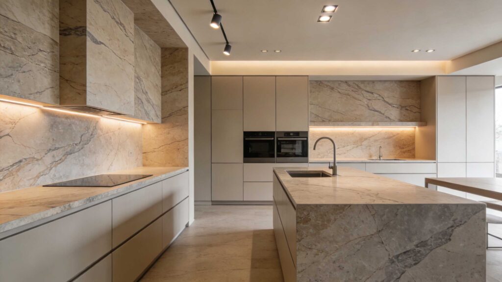 Large-format natural stone slabs shaping a luxury interior design trend in 2026, featuring a dramatic stone kitchen island and full-height wall application.