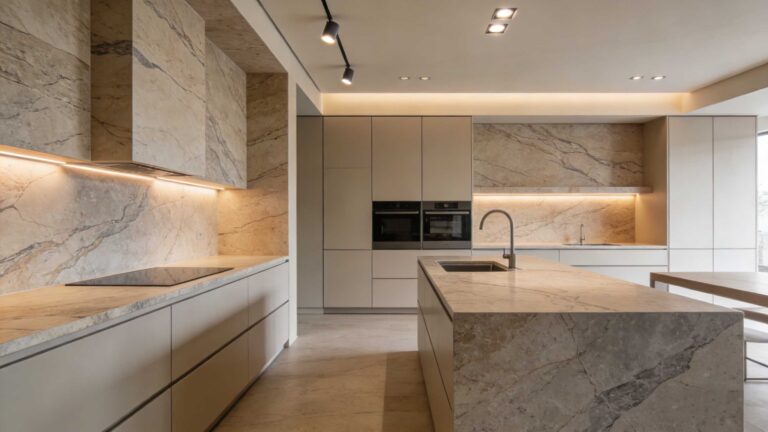 Blog 60 Large-format natural stone slabs shaping a luxury interior design trend in 2026, featuring a dramatic stone kitchen island and full-height wall application.