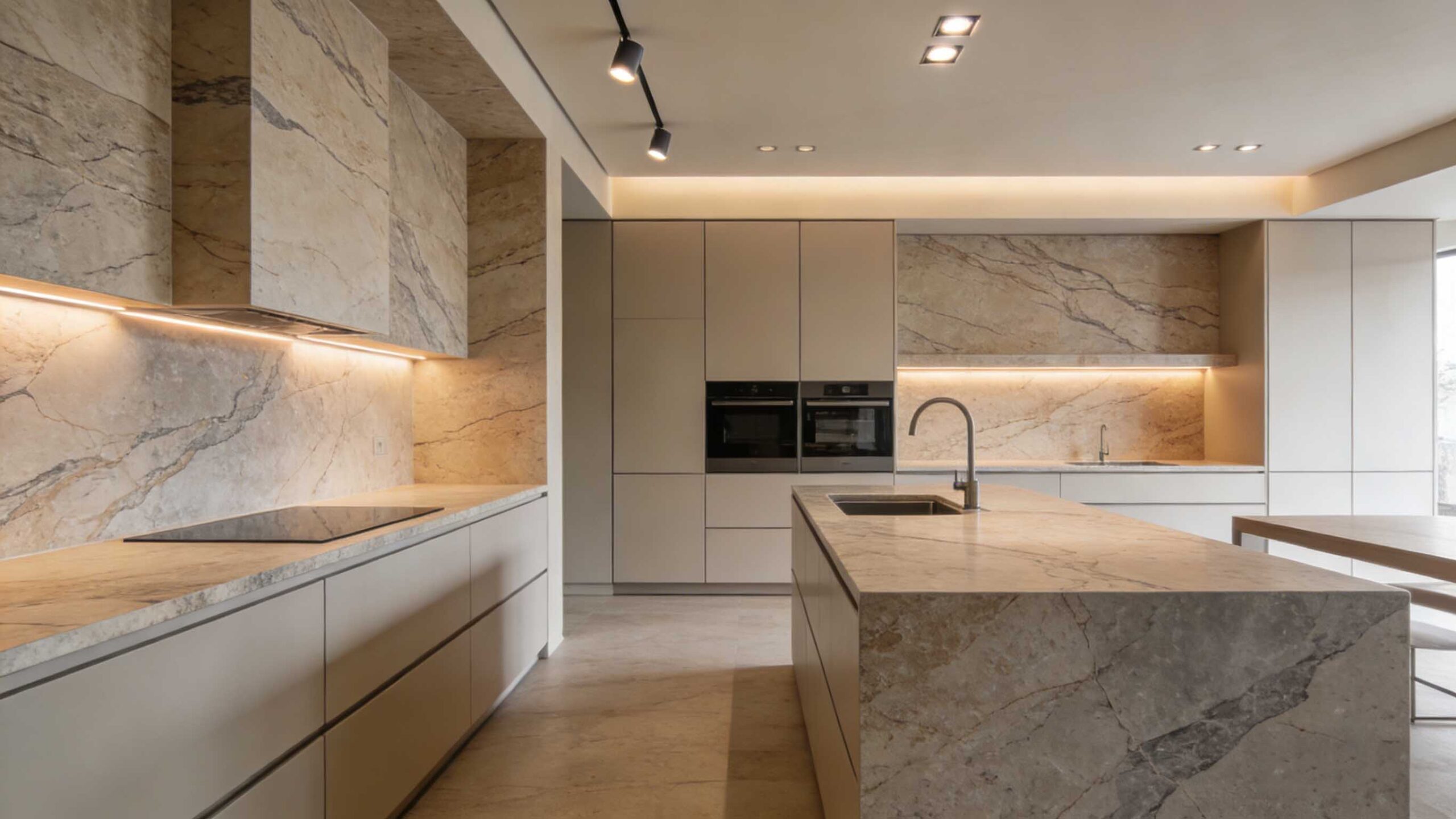 Large-format natural stone slabs shaping a luxury interior design trend in 2026, featuring a dramatic stone kitchen island and full-height wall application.