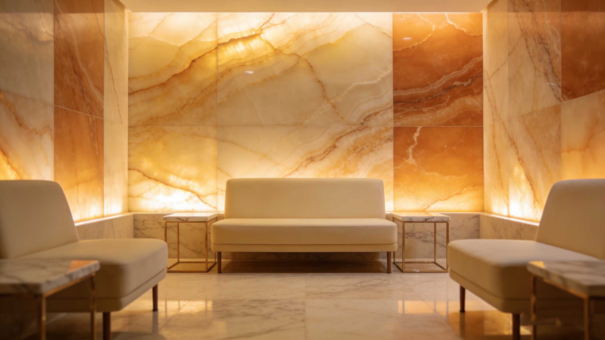 Premium marble interior combining a luxury bathroom and hotel-inspired lobby view with rich marble textures and statement stone surfaces.