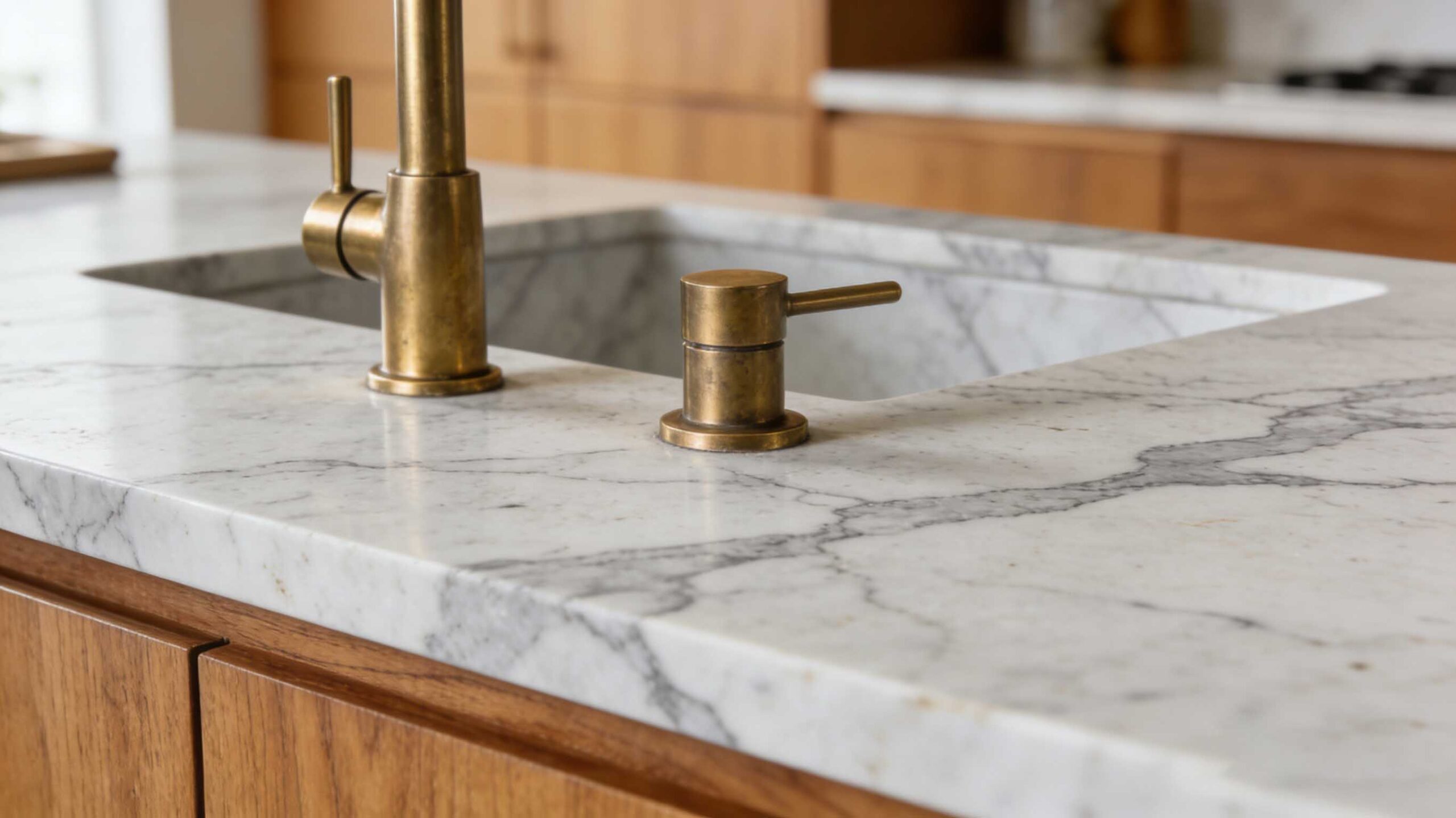Premium natural stone interior design with a hotel-style kitchen and lounge, featuring bold veining, full-slab surfaces, and elegant lighting.