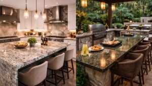 Indoor and outdoor kitchens featuring durable granite countertops and granite island surfaces designed for modern residential projects.