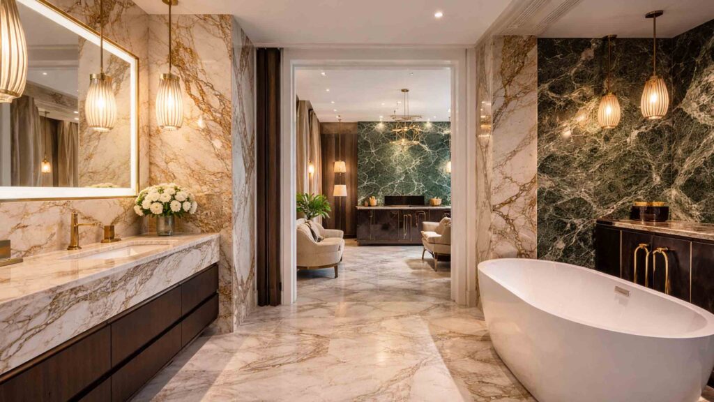 Luxury marble bathroom and hotel-style interior featuring premium marble wall cladding, marble flooring, and a freestanding bathtub in a high-end design setting.