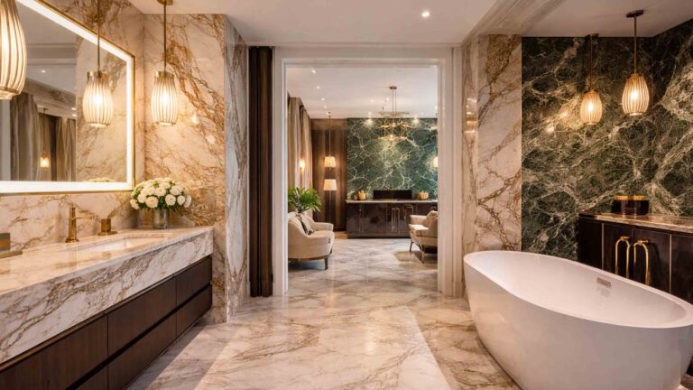 Luxury marble bathroom and hotel-style interior featuring premium marble wall cladding, marble flooring, and a freestanding bathtub in a high-end design setting.
