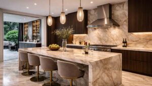Luxury kitchen featuring quartzite countertops and a statement island with waterfall edges in a warm high-end residential interior.