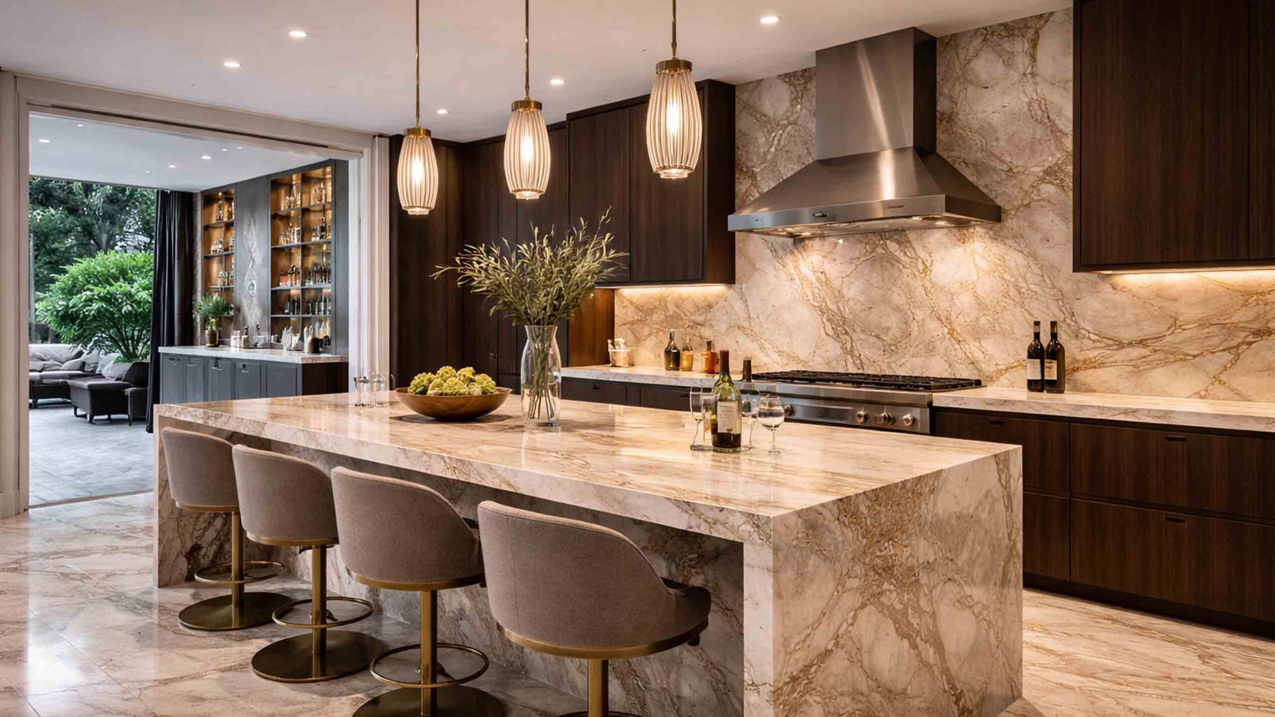 Luxury kitchen featuring quartzite countertops and a statement island with waterfall edges in a warm high-end residential interior.