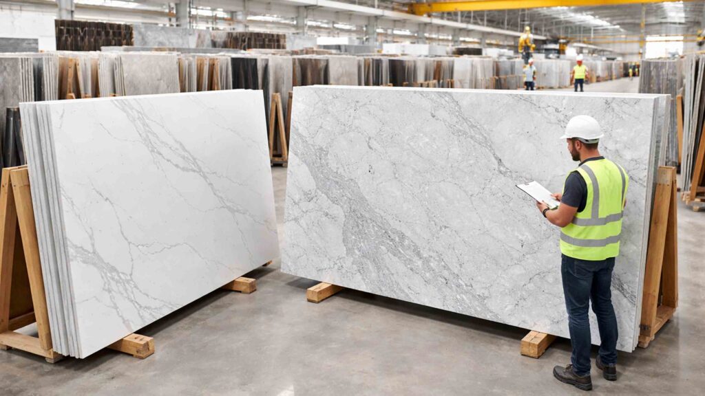 Buyer inspecting engineered quartz slabs in a stone warehouse during 2026 sourcing and compliance review