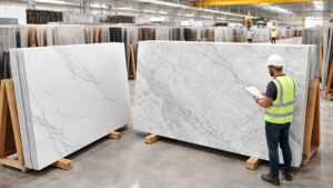Buyer inspecting engineered quartz slabs in a stone warehouse during 2026 sourcing and compliance review