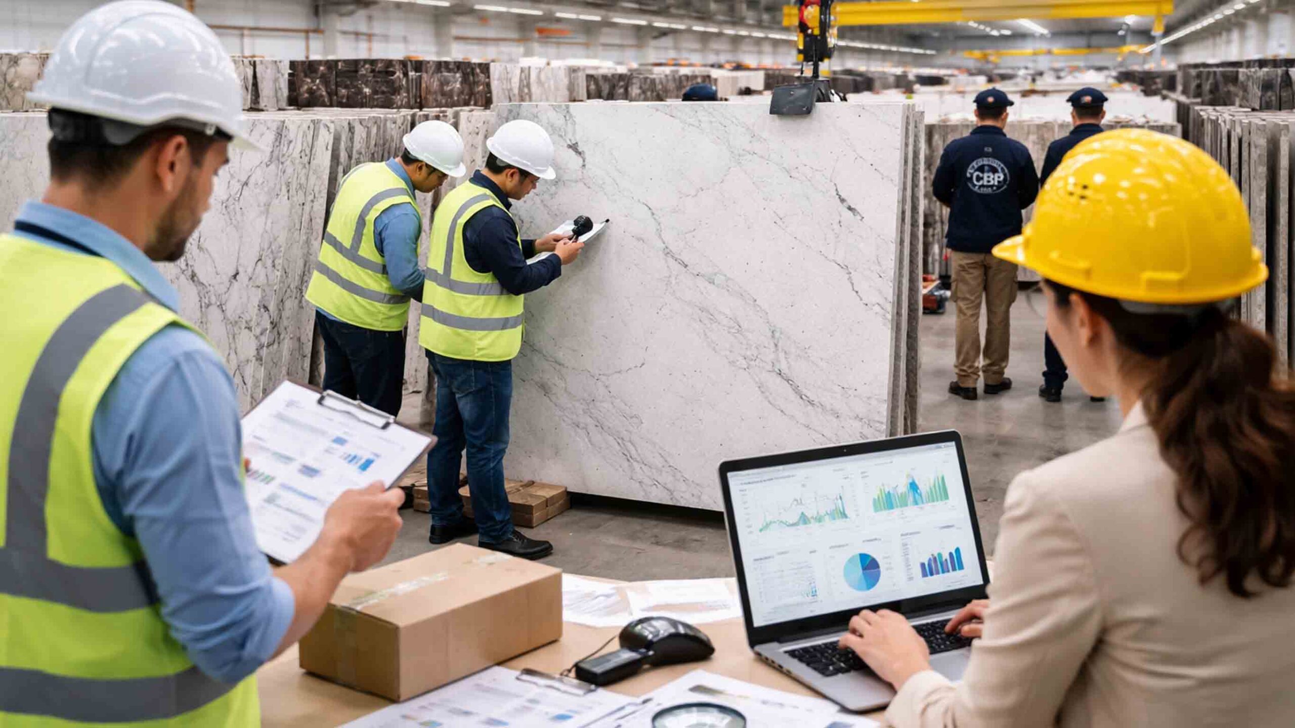 Workers inspecting quartz surfaces in a warehouse during an audit, with a CBP officer in the background.